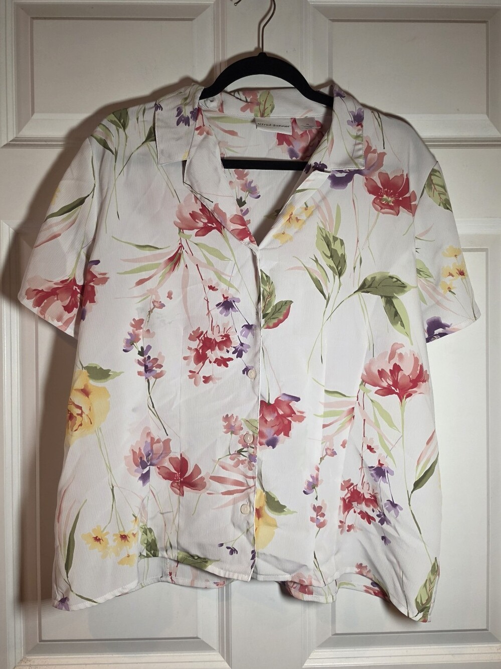 Alfred Dunner Floral Short-Sleeve Button Front Top -White with Multicolor Blooms